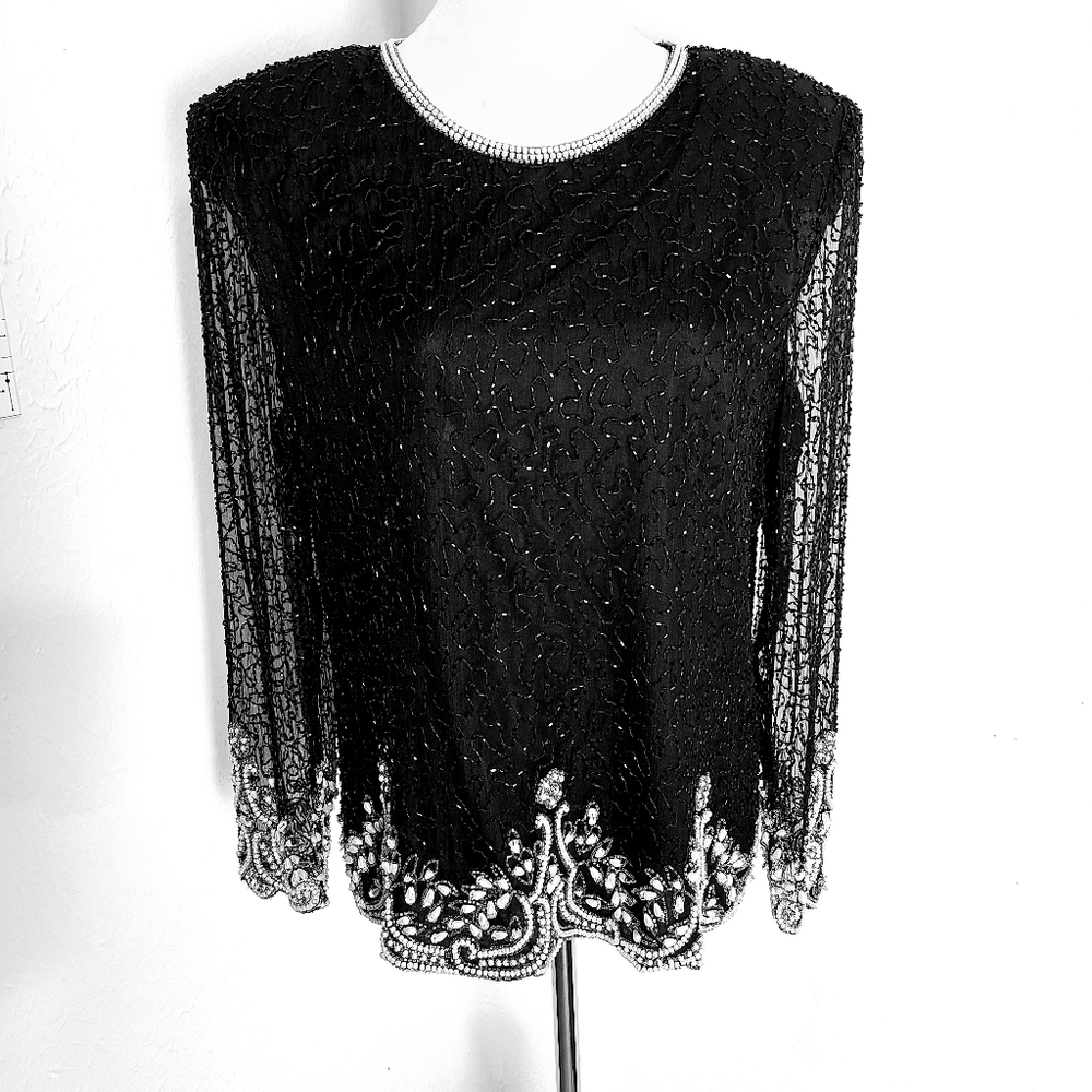 Laurence Kazar Black Formal  Blouse with Shiny Sequins, Pearls & Beads, Size XL